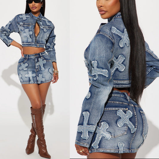 Never Cross Me Denim Jacket & Skirt-Set