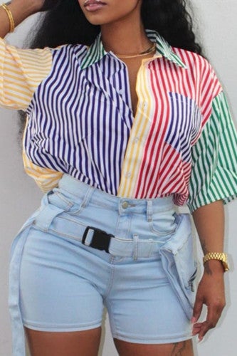 Stripes on Stripes Button Down Collar Top