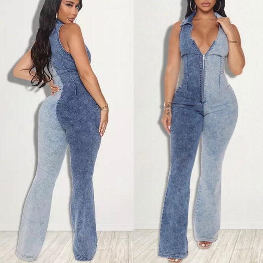 Split Feelings Two-Tone Denim Jumpsuit