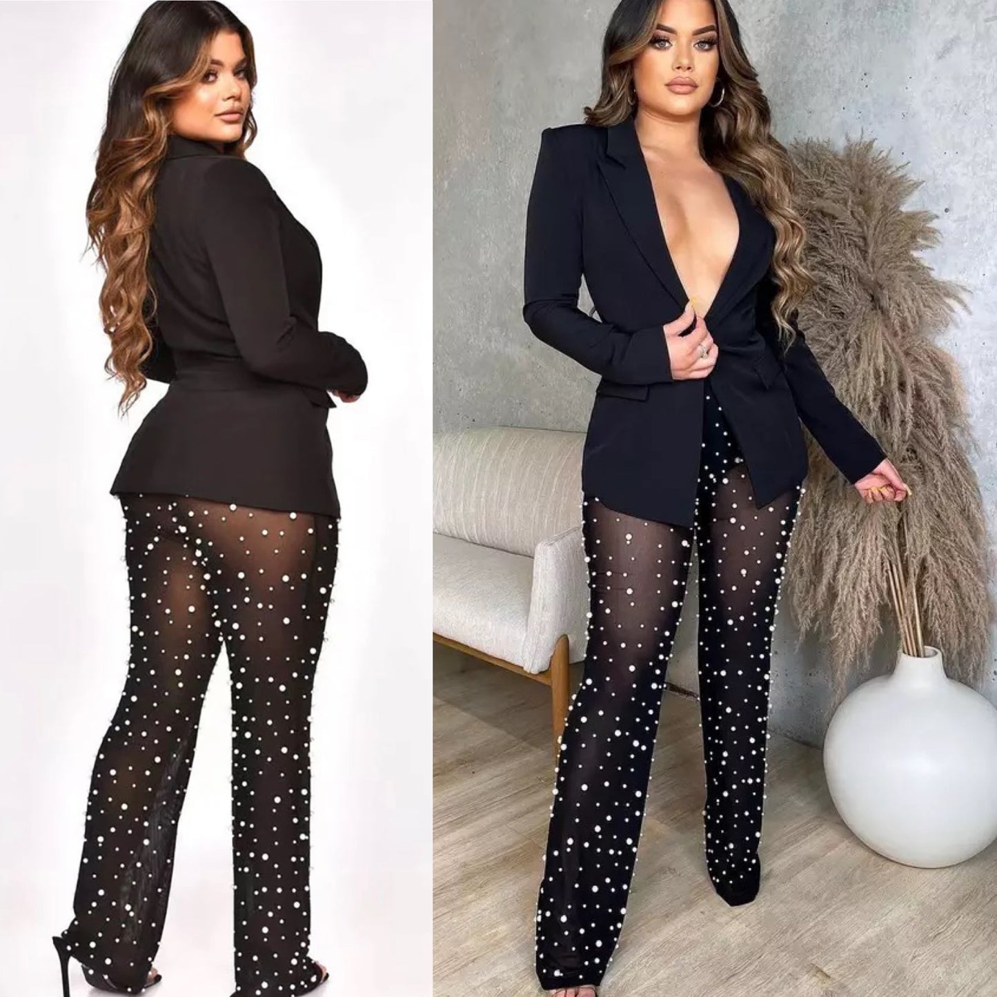 Co Co Blazer Set Mesh Pants- Black