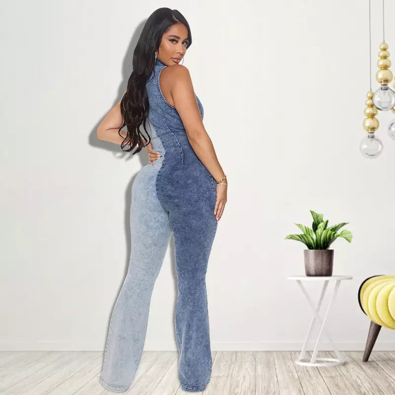 Split Feelings Two-Tone Denim Jumpsuit